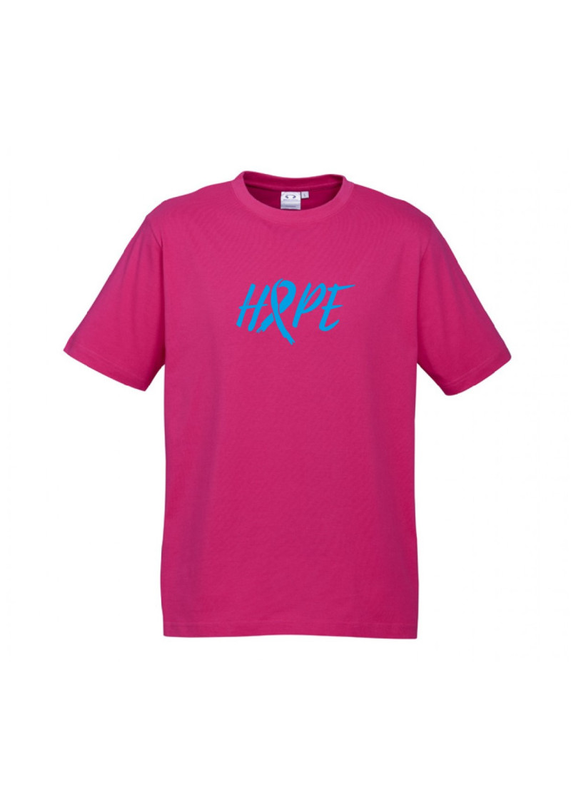 MENS Ice Cotton Hot Pink T-Shirt with Blue Hope Ribbon logo